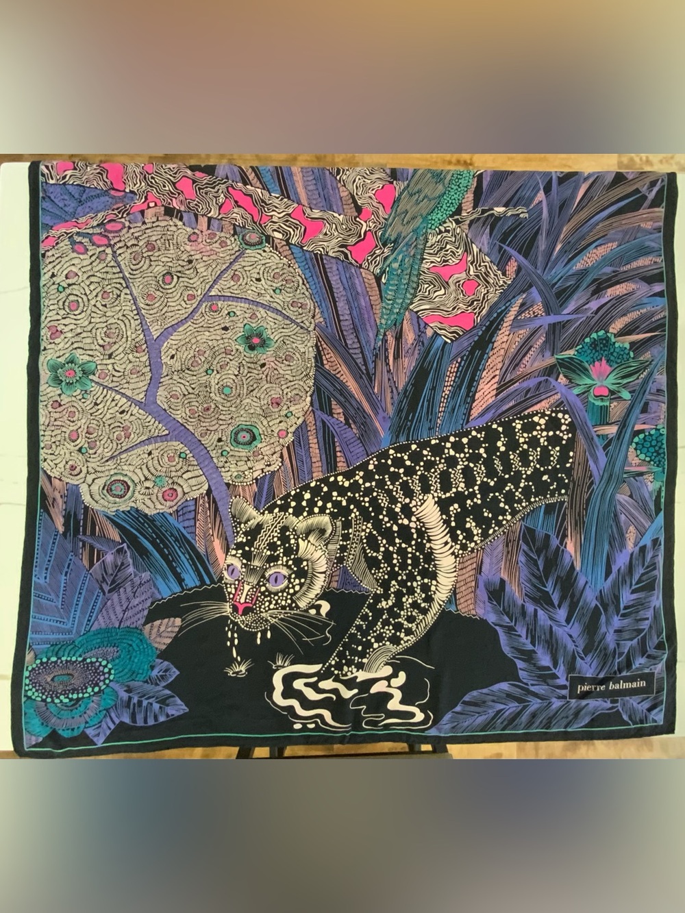 Pierre Balmain Black, Purple & Teal Leopard Jungle Scarf